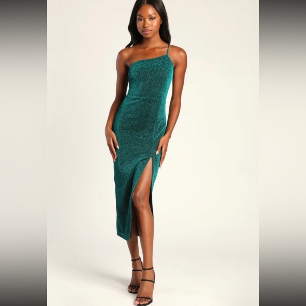 Lulus Stole the Spotlight Teal Sparkly One-Shoulder Midi Dress
